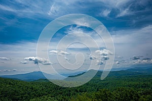 Blue Ridge Mountains of North Carolina with dramatic sky and whispy clouds