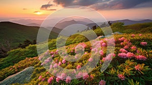 Blue Ridge Parkway Mountains Sunset over Spring Rhododendron Flowers