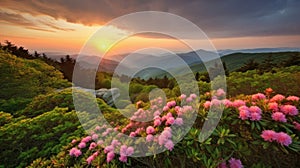 Blue Ridge Parkway Mountains Sunset over Spring Rhododendron Flowers