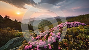 Blue Ridge Parkway Mountains Sunset over Spring Rhododendron Flowers