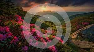 Blue Ridge Parkway Mountains Sunset over Spring Rhododendron Flowers