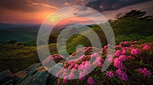 Blue Ridge Parkway Mountains Sunset over Spring Rhododendron Flowers