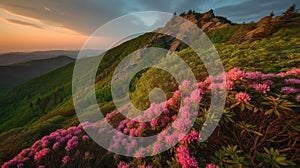 Blue Ridge Parkway Mountains Sunset over Spring Rhododendron Flowers