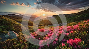 Blue Ridge Parkway Mountains Sunset over Spring Rhododendron Flowers