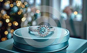 Blue ring sits on blue jewelry box in front of Christmas tree.