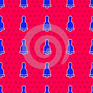 Blue Ringing bell icon isolated seamless pattern on red background. Alarm symbol, service bell, handbell sign