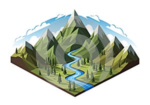 Blue river flows through a lush forest with scattered coniferous