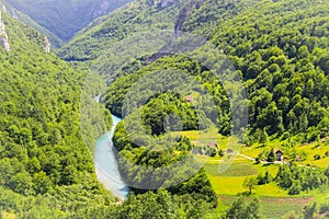 The blue river flows in a picturesque canyon among the high mountains covered with green forest