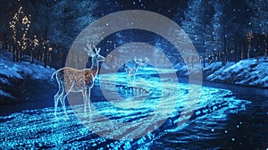 A blue river with two deer walking on it