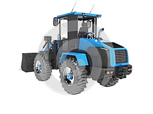 Blue road front loader rear view 3D rendering on white background no shadow