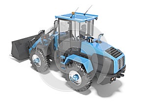 Blue road frontal loader perspective 3D rendering on white background with shadow