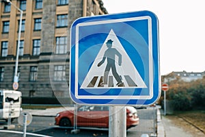 Blue road pedestrian crossing sign, crosswalk, old warning signal