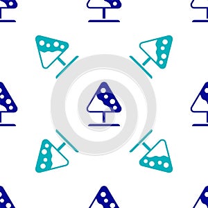 Blue Road sign avalanches icon isolated seamless pattern on white background. Snowslide or snowslip rapid flow of snow