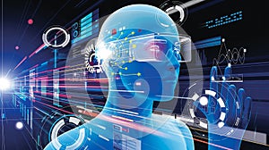 Blue robot with augmented reality interface analyzing data