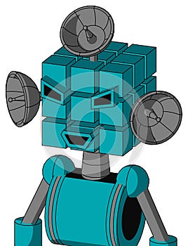 Blue Robot With Cube Head And Happy Mouth And Angry Eyes And Radar Dish Hat