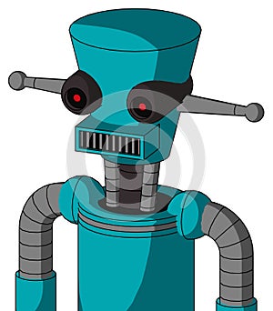 Blue Robot With Cylinder-Conic Head And Square Mouth And Black Glowing Red Eyes