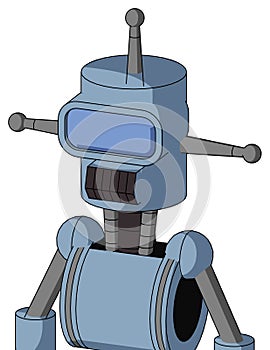 Blue Robot With Cylinder Head And Dark Tooth Mouth And Large Blue Visor Eye And Single Antenna