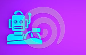 Blue Robot humanoid driving a car icon isolated on purple background. Artificial intelligence, machine learning, cloud computing.