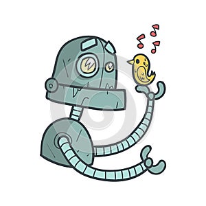 Blue Robot Listening To Little Bird Sing Cartoon Outlined Illustration With Cute Android And His Emotions