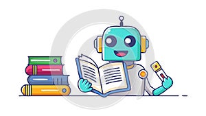Blue Robot Reading Book with Stack of Knowledge - Educational Tech, vector design Generative AI