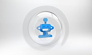 Blue Robot toy icon isolated on grey background. Glass circle button. 3D render illustration