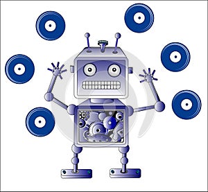 Blue robot toy with Vinyl records