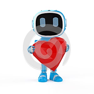 Blue robotic assistant or artificial intelligence robot with red heart