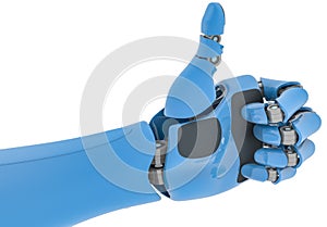 Blue robotic hand shows the gesture of the thumb up