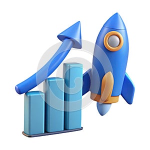 Blue rocket ship and growth bar chart isolated on white background