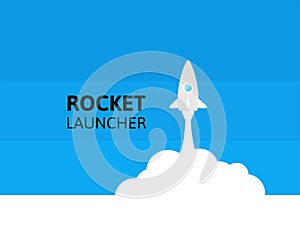 Blue rocket and white cloud, icon in flat style, vector illustration