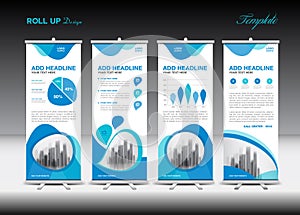 Blue Roll Up Banner template and infographics, stand design