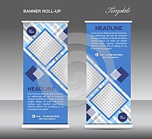 Blue Roll up banner template vector, roll up stand, display