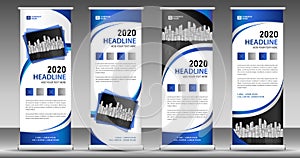 Blue roll up business banner design vertical template vector, pull up, web banner, display, stand layout, advertisement