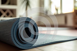 Blue rolled yoga mat laid on floor. Sport, yoga, pilates, fitness, useful beneficial habits, active lifestyle, exercises