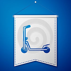 Blue Roller scooter for children icon isolated on blue background. Kick scooter or balance bike. White pennant template