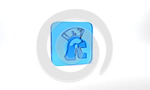 Blue Roman army helmet icon isolated on grey background. Glass square button. 3d illustration 3D render