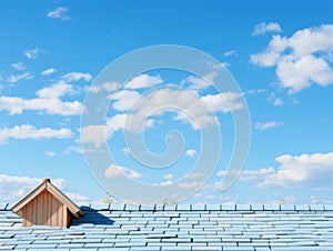 a blue roof with a wooden shingled roof on top of it