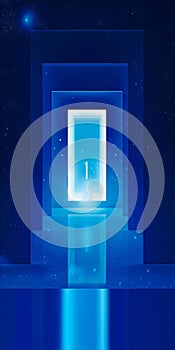 A blue room with a light at the end of it