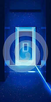 A blue room with a light at the end of it