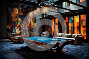 Blue room pool table. Generate Ai