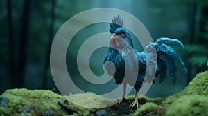 Blue Rooster Stand In The Wild Forest: Zbrush Style With Pop Culture References