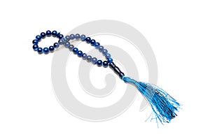 Blue rosary isolated on white background