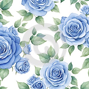 Blue rose and feather pattern. Vintage seamless background pattern blue roses. Roses with leaves on Watercolor