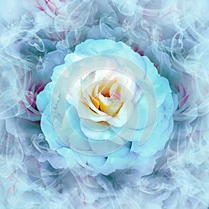 A  blue rose flower on a  light blue  floral background.  Rose petals around the flower.  Flower in curls of smoke.