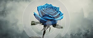 a blue rose on top of a flower stem against cloudy sky