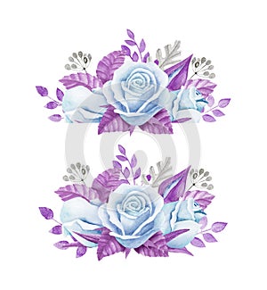 Blue roses bouquet. Watercolor illustration. Cute vintage style wreath, border, frame.