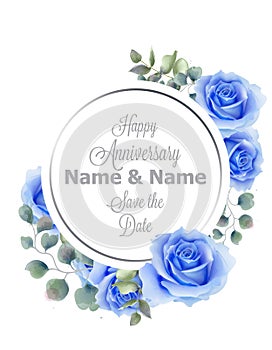 Blue roses flowers watercolor round frame card Vector. Vintage anniversary greeting, wedding invitation, thank you note