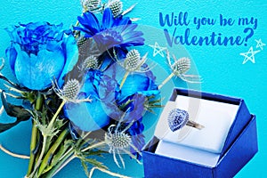 Blue Roses and Ring for Valentine`s Day