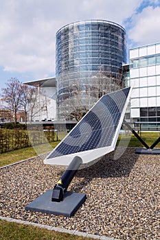 Blue rotating solar panels tilted axis tracker, future innovation energy