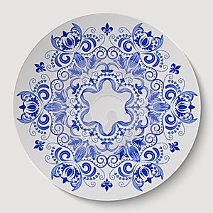 Blue round floral ornament. Pattern applied to the ceramic plate